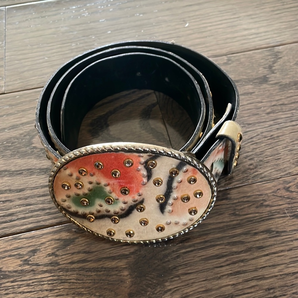 Rhinestone and multi colored leather belt